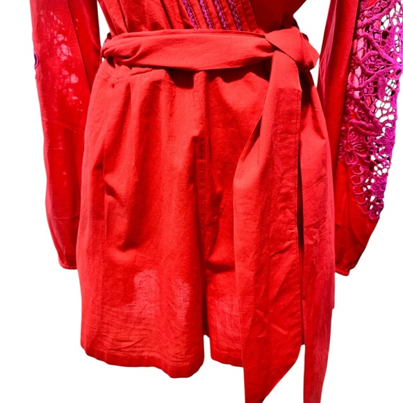 Chelsea & Violet Boho Embroidered Lace Sleeve Romper Red Pink M - Picture 3 of 11